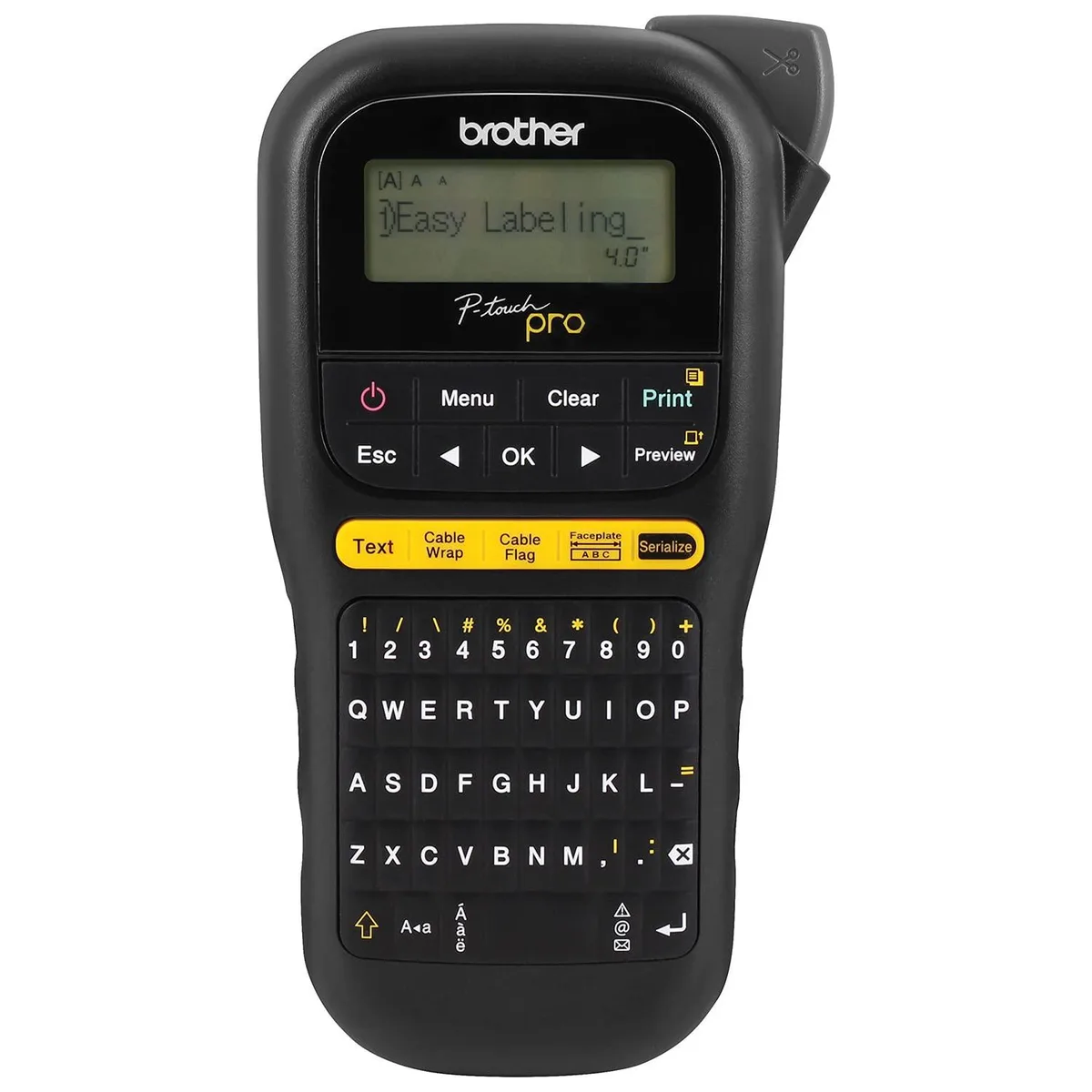 Compact grey label printer with LCD screen, QWERTY keyboard, built-in cutter and wrist strap