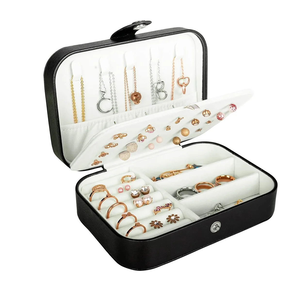 Compact black PU leather jewelry case, double-layer interior with velvet lining, 6.3 by 4.3 by 2.2 inches