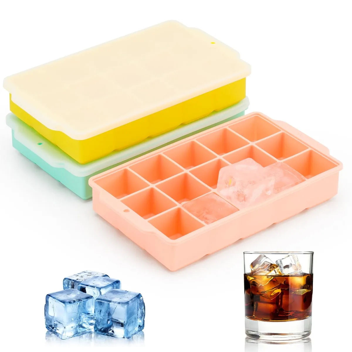 Three black rectangular silicone ice cube trays with lids, each holding fifteen cubes, stacked together