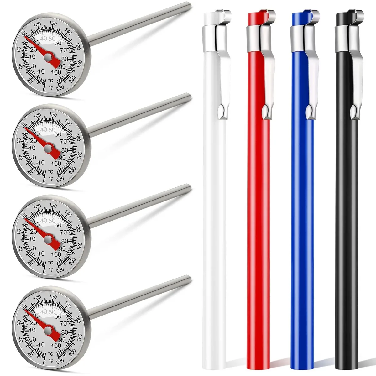 Four stainless steel pocket thermometers with 1 inch dials and coloured plastic sleeves with clips