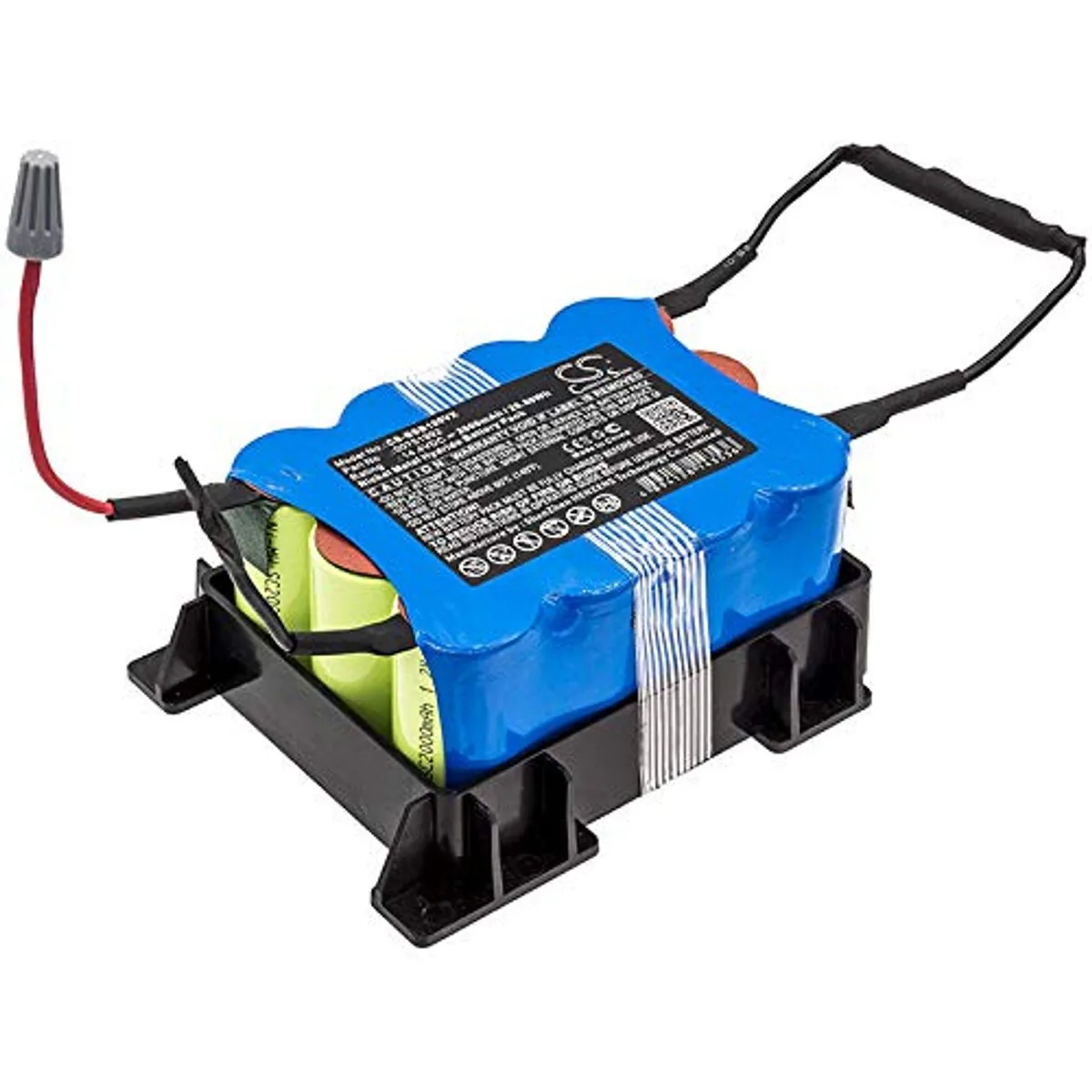Rectangular black battery pack with label and connector