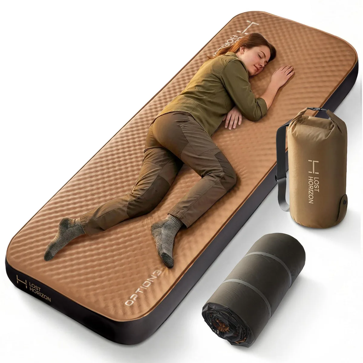 Rectangular brown self-inflating sleeping pad 80 by 28 by 4.5 inches