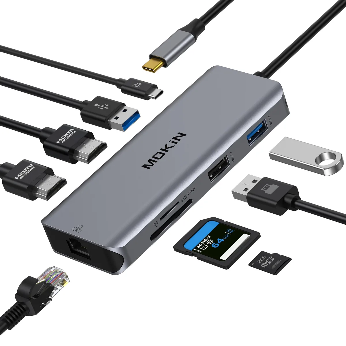 Compact gray rectangular dock with dual HDMI, USB ports, Ethernet, SD slots and a short USB-C cable