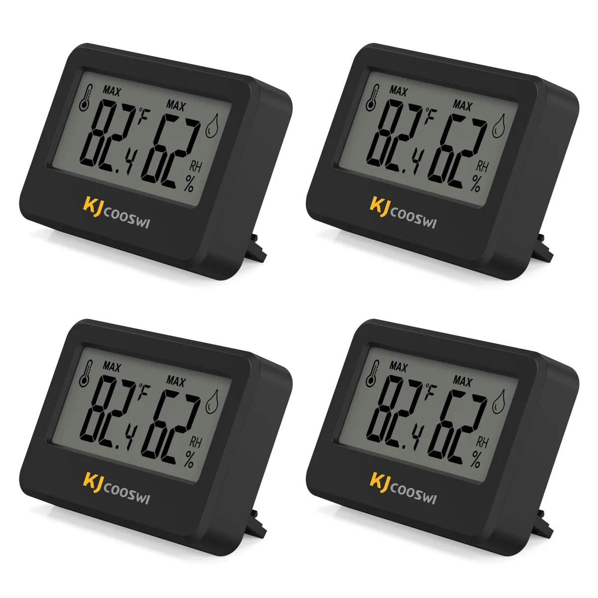Four small black hygrometer thermometers with stands and magnetic backs