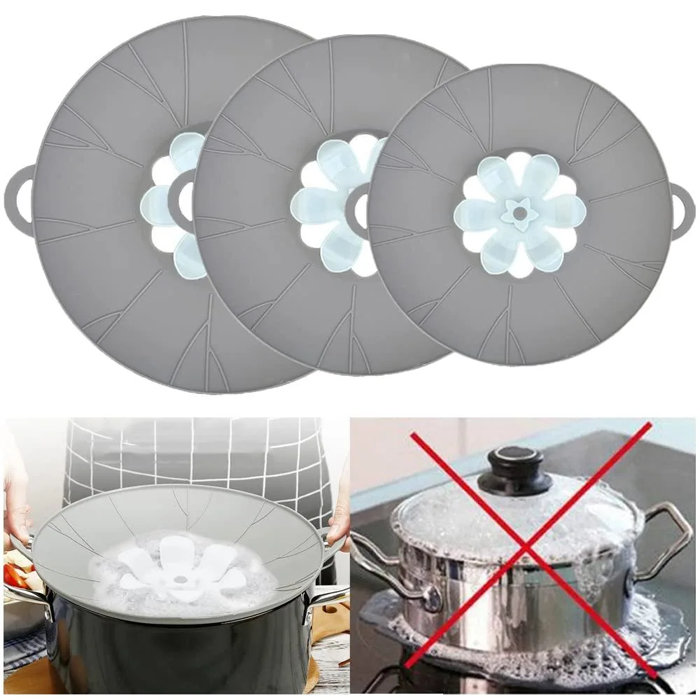 Three flexible translucent silicone lids in graduated sizes lying flat