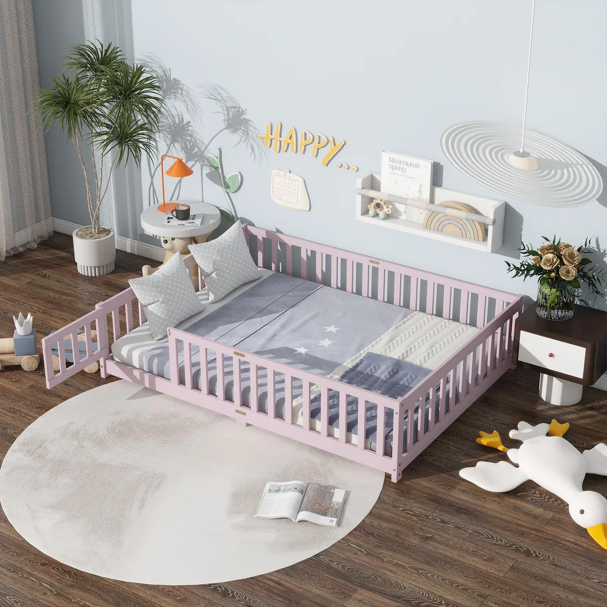 Pink rubber wood floor bed with full safety fence and hinged door