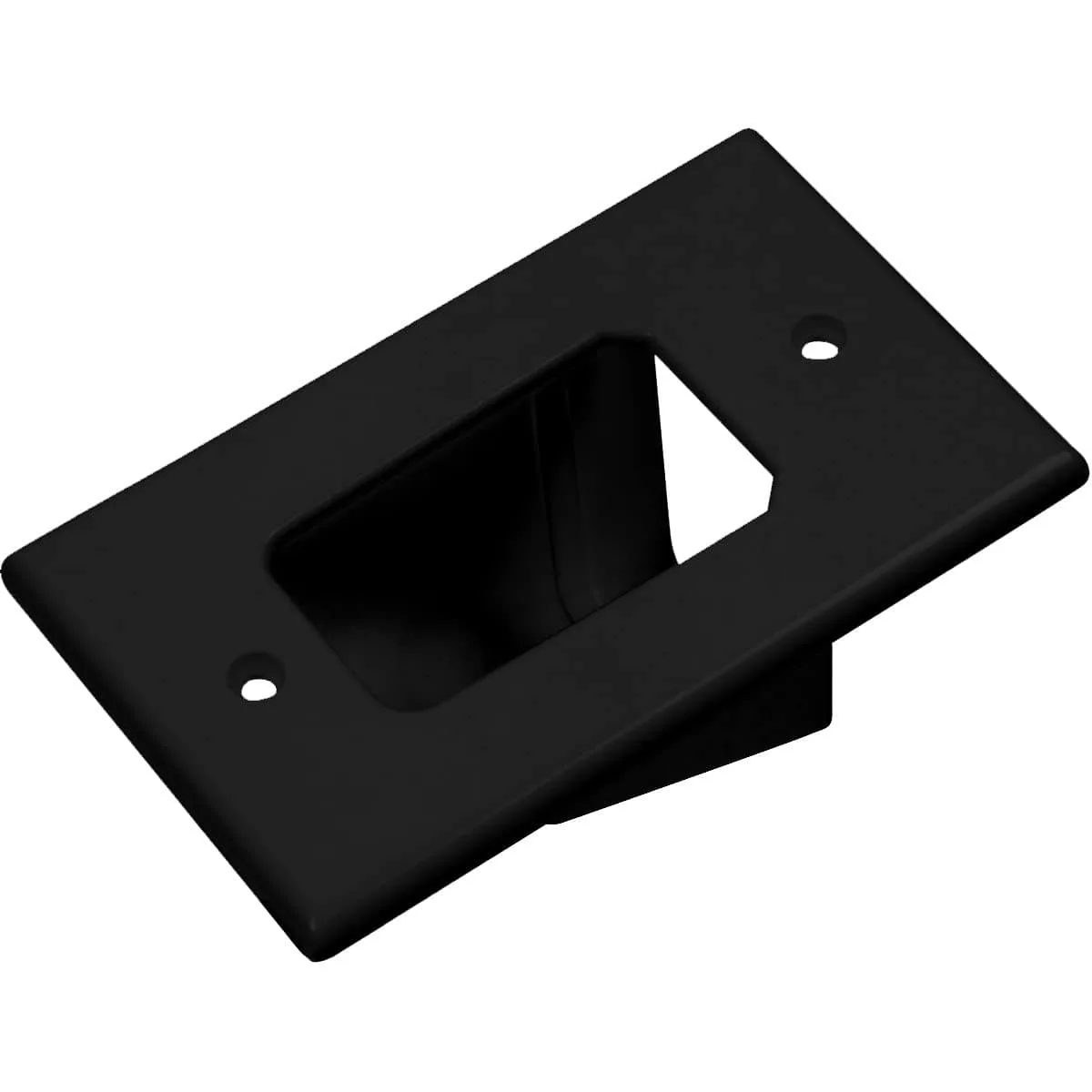 Two black single-gang pass-through wall plates with reversible cable openings