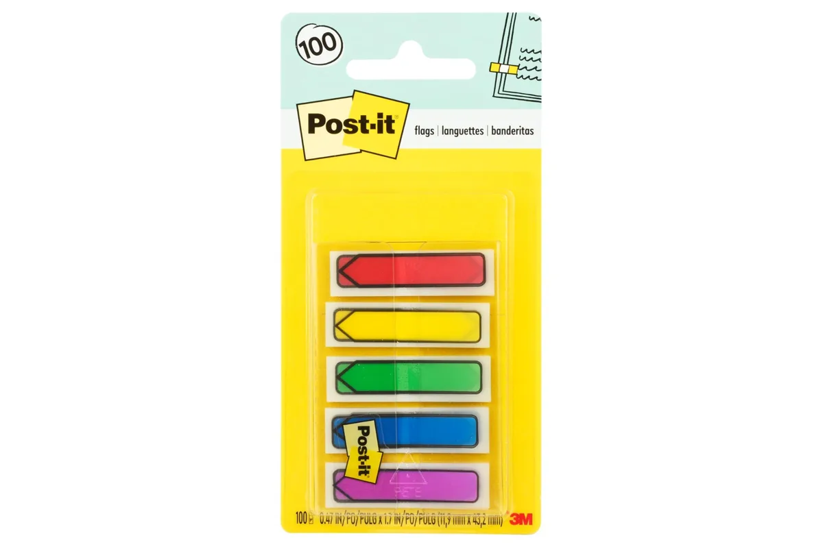 A compact plastic dispenser holding small arrow-shaped sticky flags in yellow, blue, green, red and purple