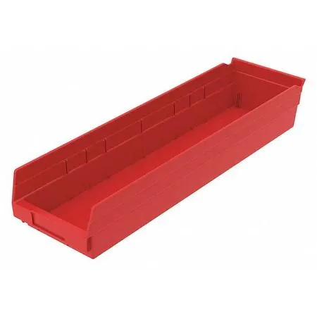 Red plastic shelf bin, long rectangular shape, open top, moulded label slot, nestable design