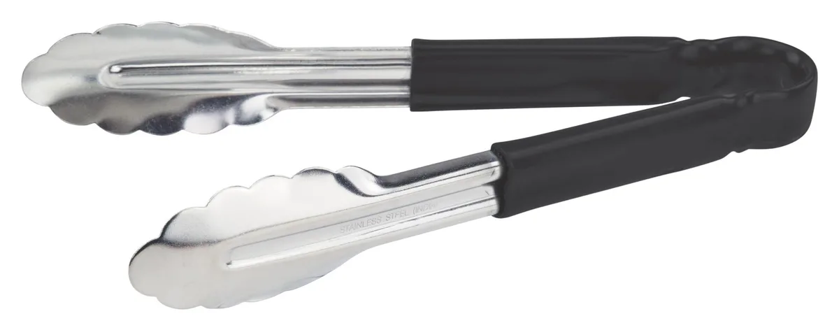 Stainless steel serving tongs with black plastic handles, 24.8 cm long