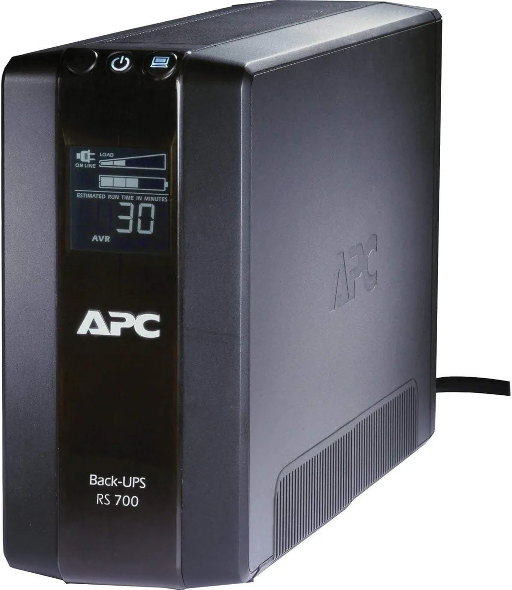 Rectangular black UPS unit with LCD display and six outlets