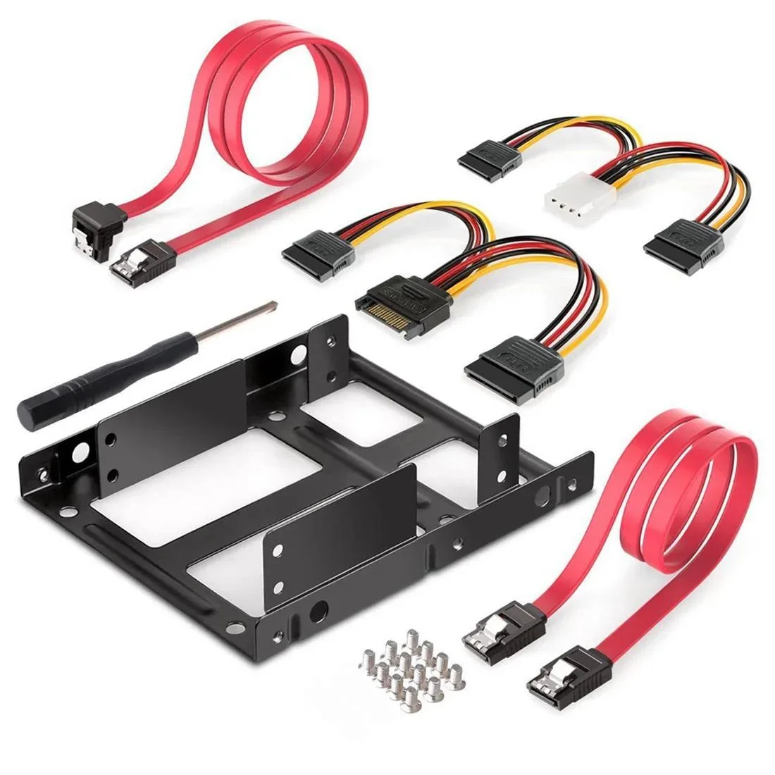 Black metal bracket kit with SATA cables and screws, 115x102x23mm