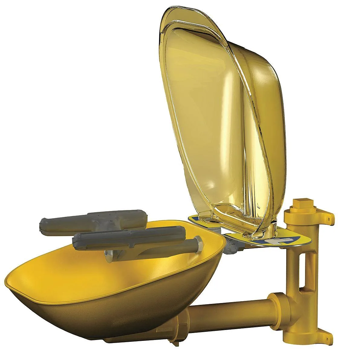 Wall-mounted silver eyewash station with covered bowl and push-plate activation
