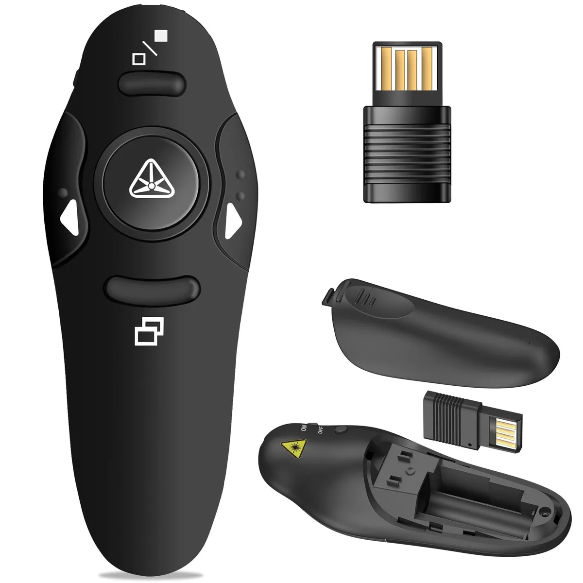 Red wireless presenter remote with USB receiver stored underneath, compact ergonomic shape