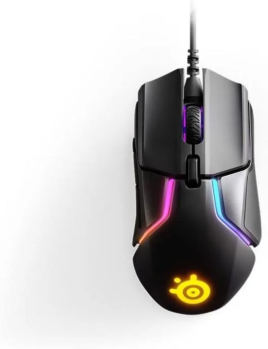 Black right-handed wired gaming mouse with ergonomic shape, silicone side grips, braided USB cable and customisable weight blocks