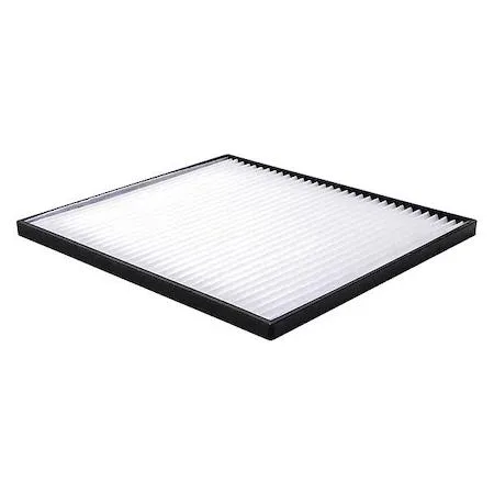 Rectangular white cabin air filter panel with pleated media and black frame