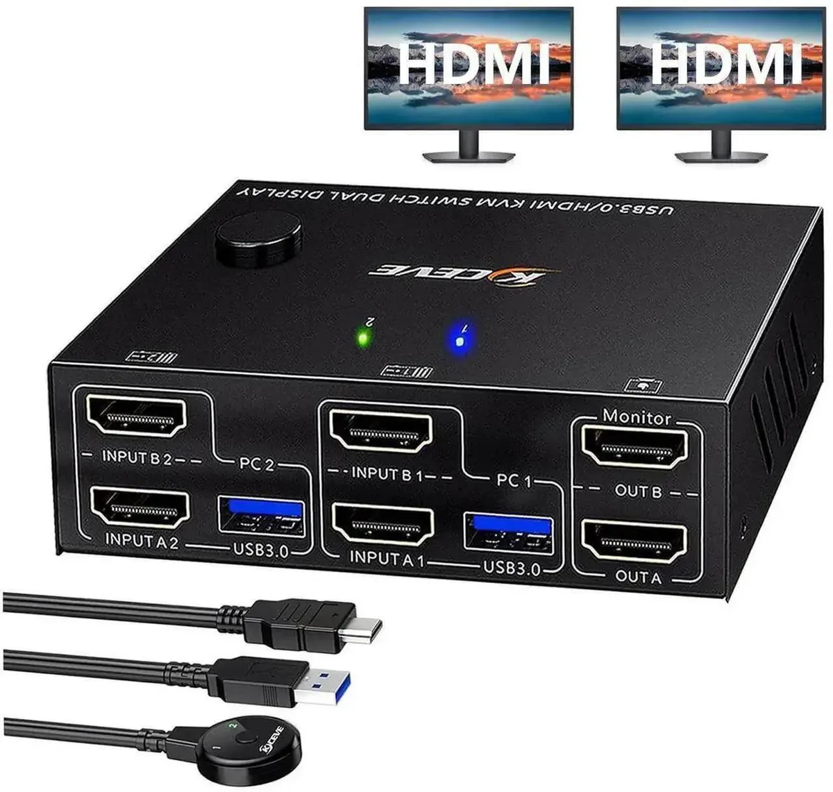 Vszerda Vszerda 2-Port Dual-Monitor HDMI KVM Switch 4K@60Hz USB 3.0 Wired Remote — product photo