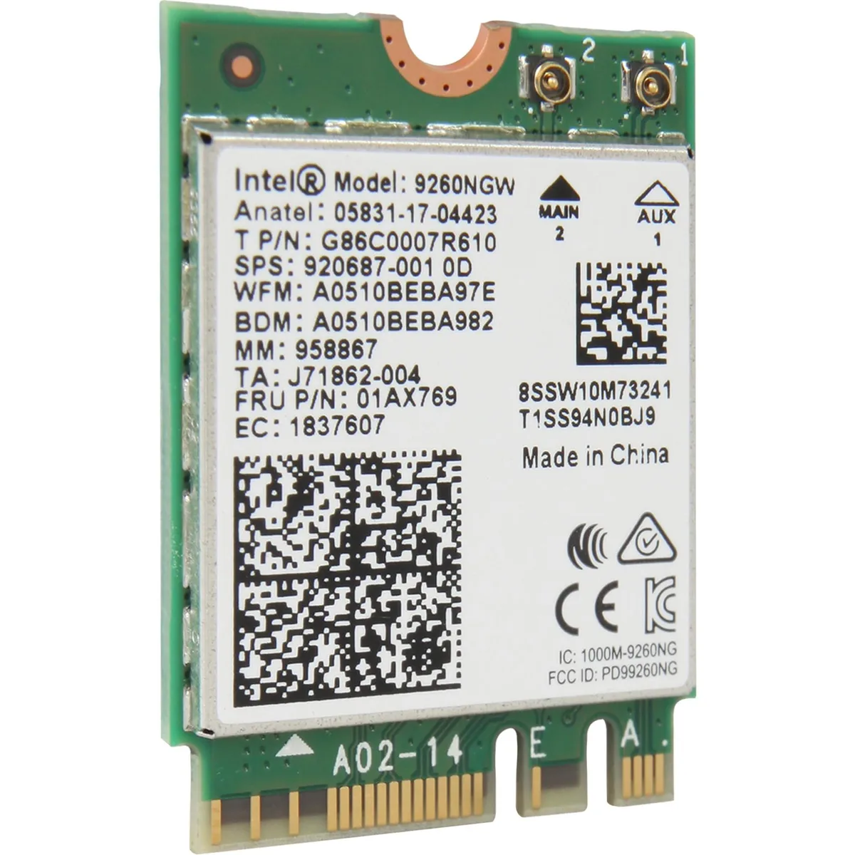 Small green M.2 2230 network card with gold edge connector