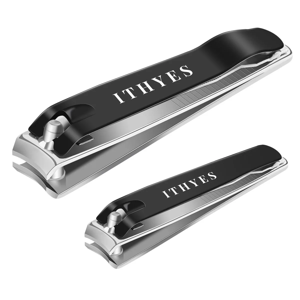 Two black stainless steel nail clippers, one large and one small, with a storage bag