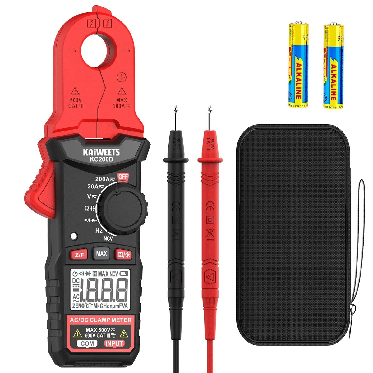 aFe Power digital clamp meter with round jaw, grey body, orange accents, LCD display, test leads included