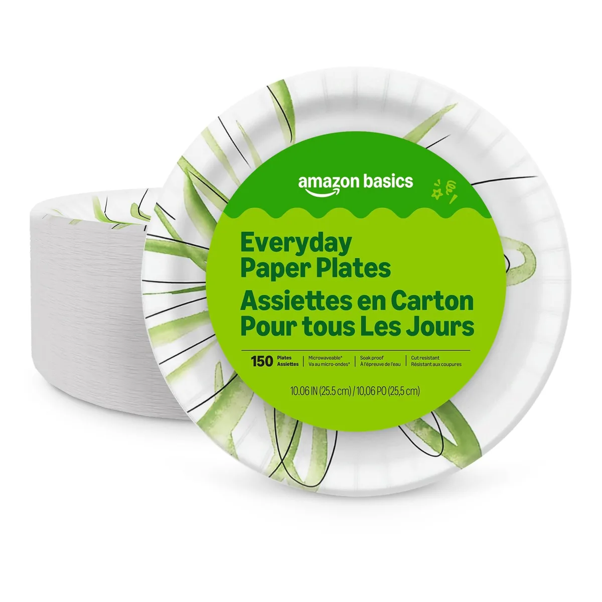Stack of 150 green round paper plates 10.06 inch diameter