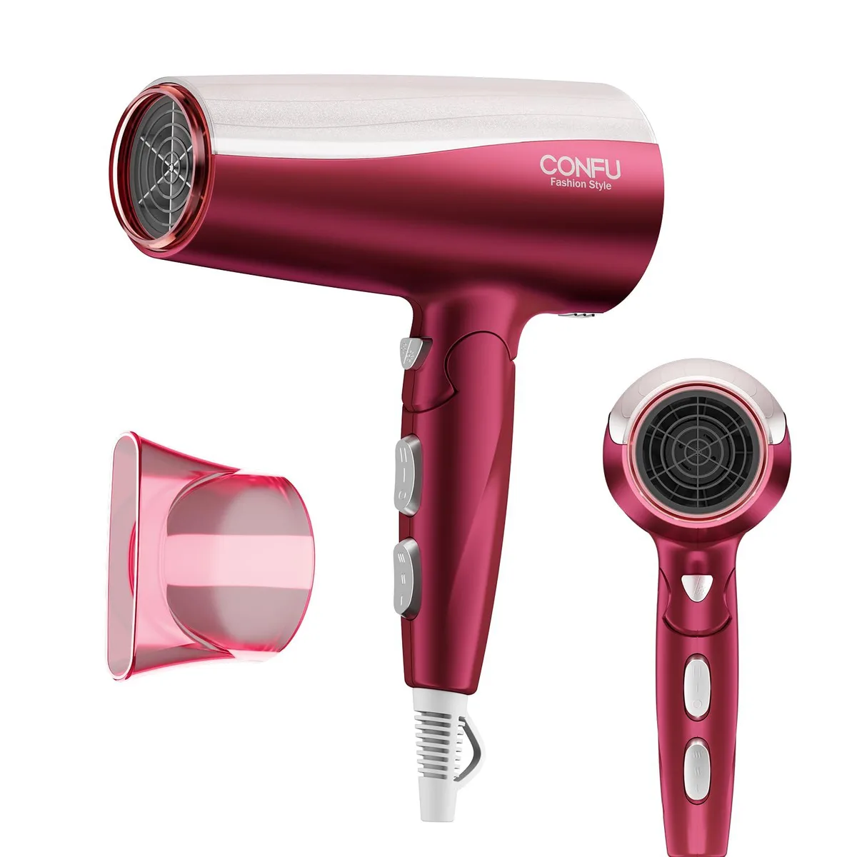 Red foldable hair dryer with concentrator nozzle, compact rectangular shape, matte finish