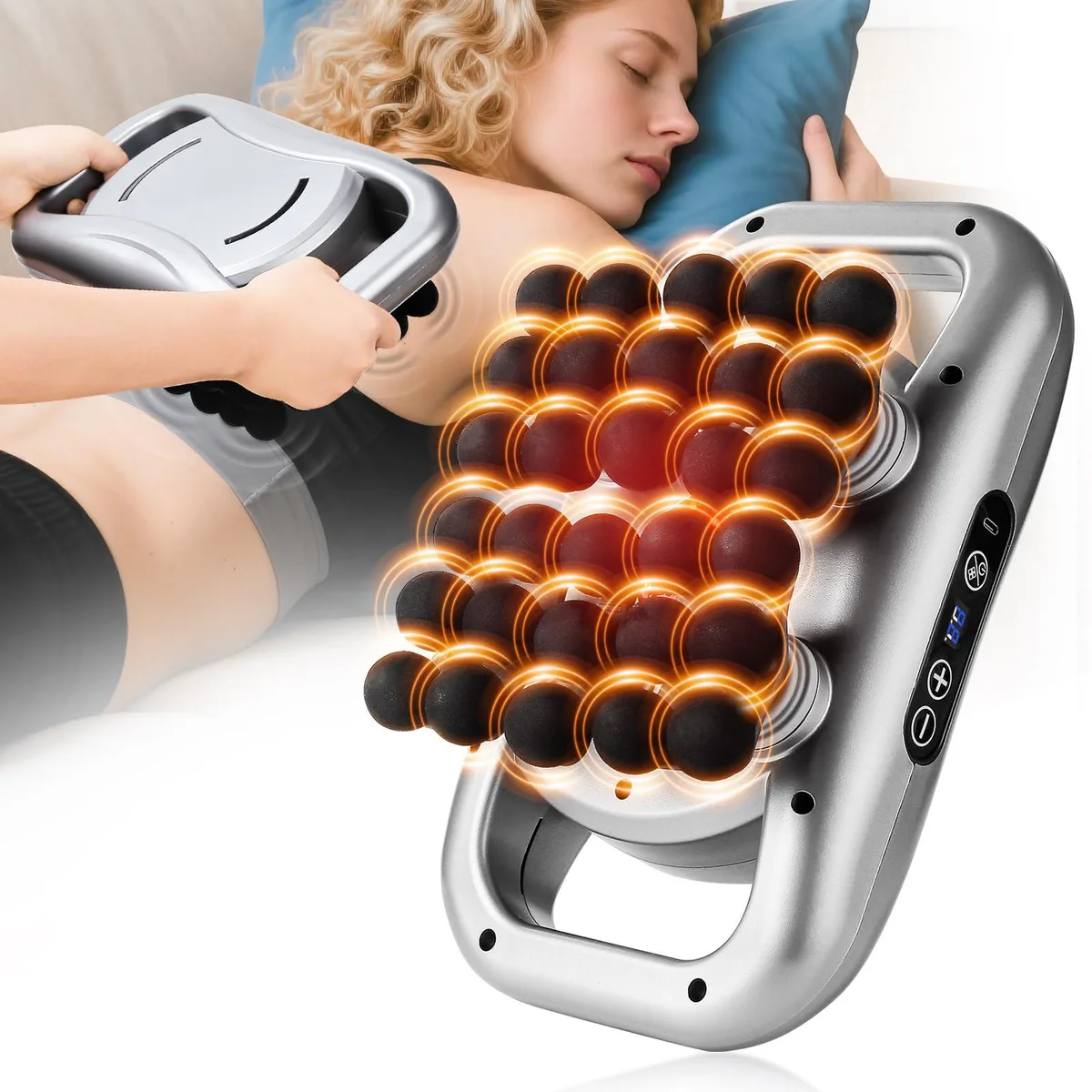 Silver handheld massage gun with 30 interchangeable heads