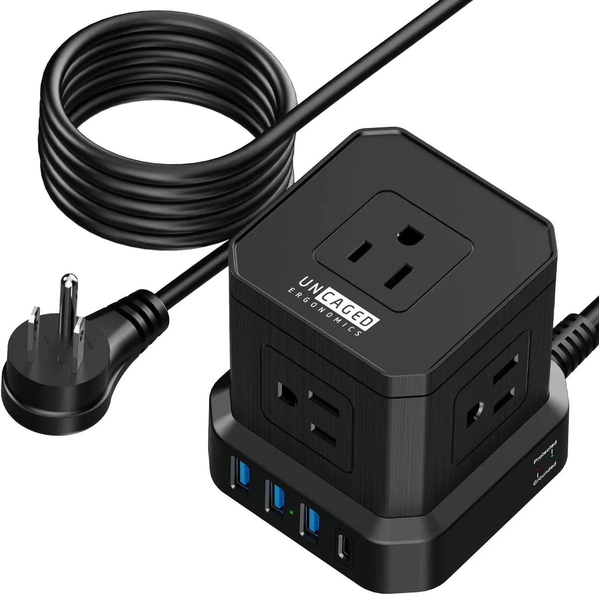 Compact cube power strip with five AC outlets, three USB-A ports, one USB-C port, 10-foot cord and on/off switch