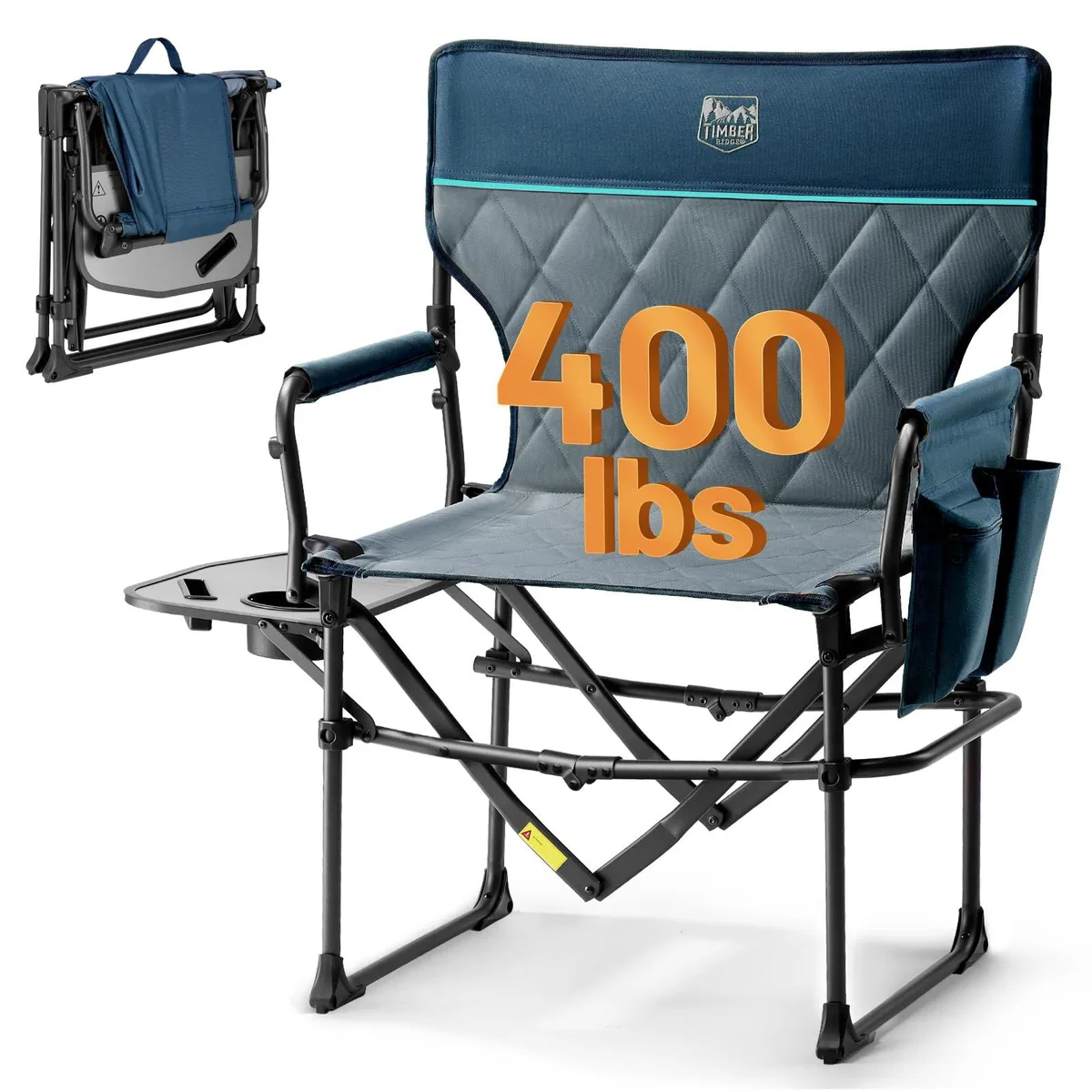 Blue foldable director chair with metal frame, polyester seat, padded arms, side table and cup holder