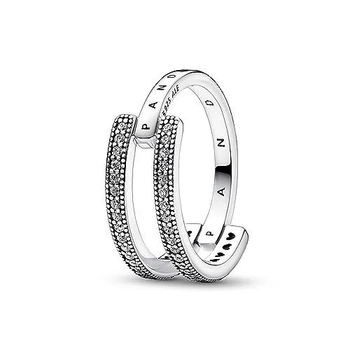 Sterling silver double band ring, one half split with pavé rows and microbeading, other half single band connecting the shape