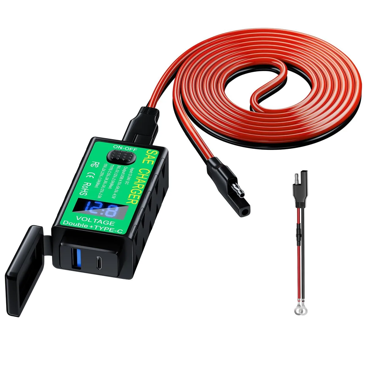 Black rectangular motorcycle USB charger with dual ports, LED voltage display and toggle switch