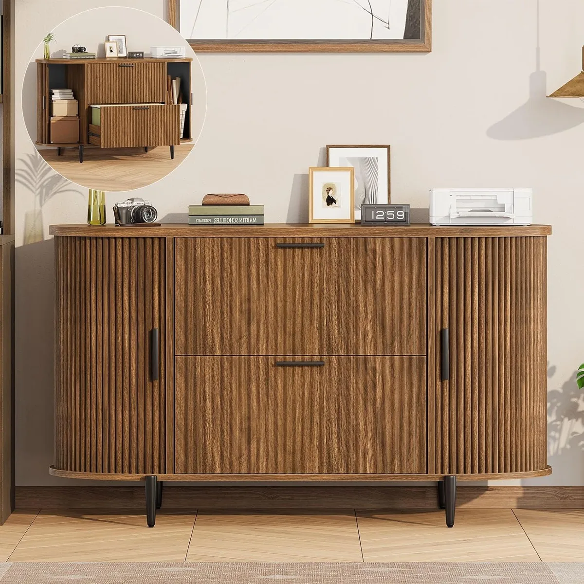 Brown two-drawer file cabinet with fluted sliding-door storage and tapered legs, 39.4 by 15.7 inches
