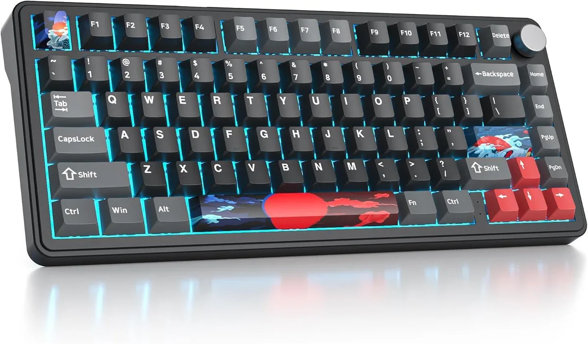 Compact 75 percent mechanical keyboard in shadow red with gasket mount and rotary knob