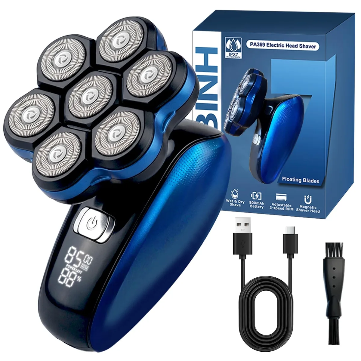 Blue rotary shaver with detachable head, LED display, ergonomic grip