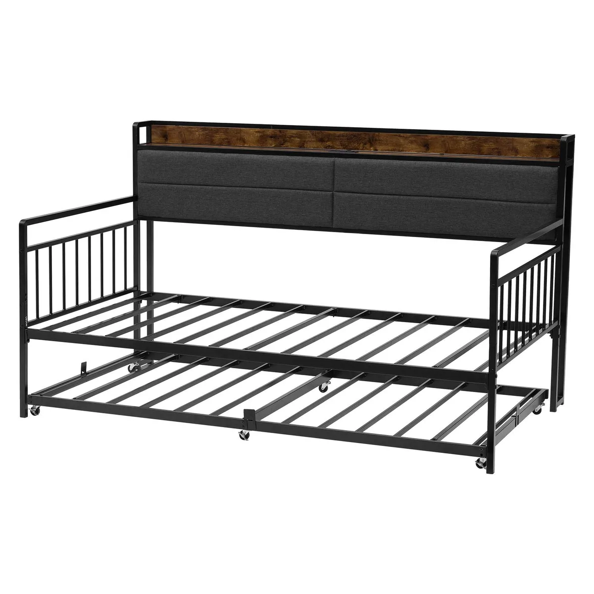 Black metal twin daybed frame with pull-out trundle and padded headboard shelf