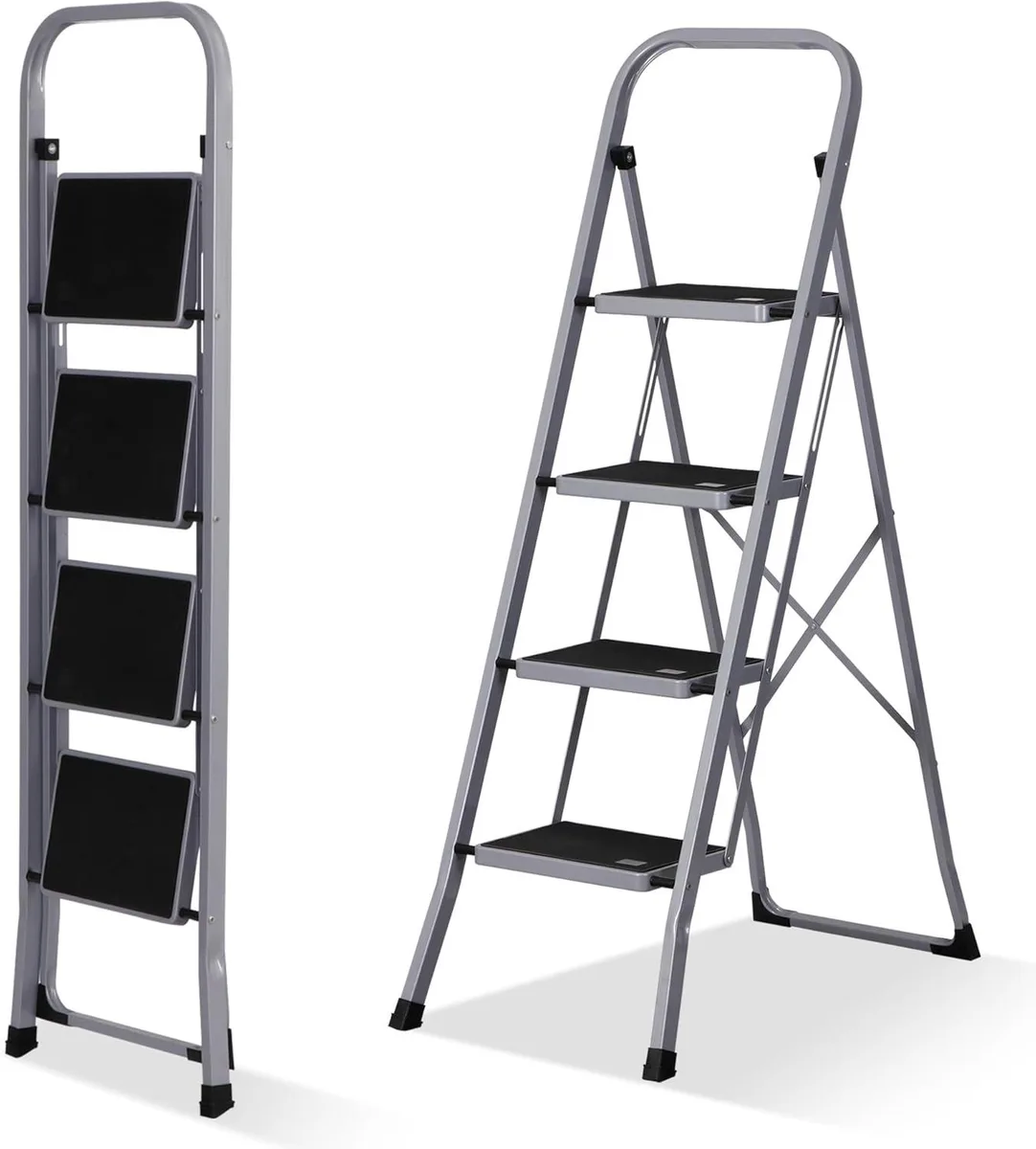 Silver four-step folding ladder with black handgrip and wide anti-slip treads shown open on floor