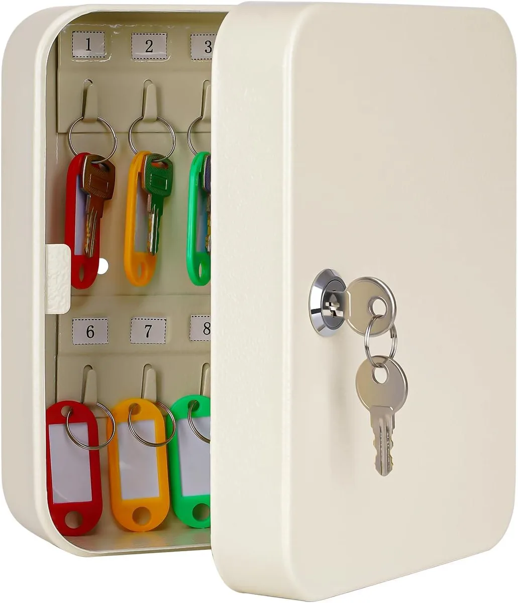 Beige metal wall-mounted key cabinet with 20 hooks