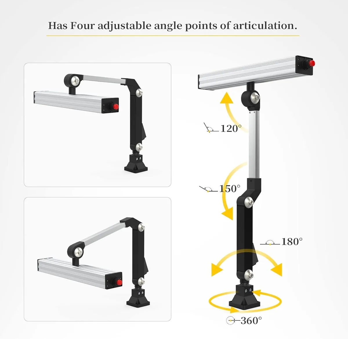 Silver aluminium machine lamp with two-section 20in arm and three adjustable joints, IP66 rated