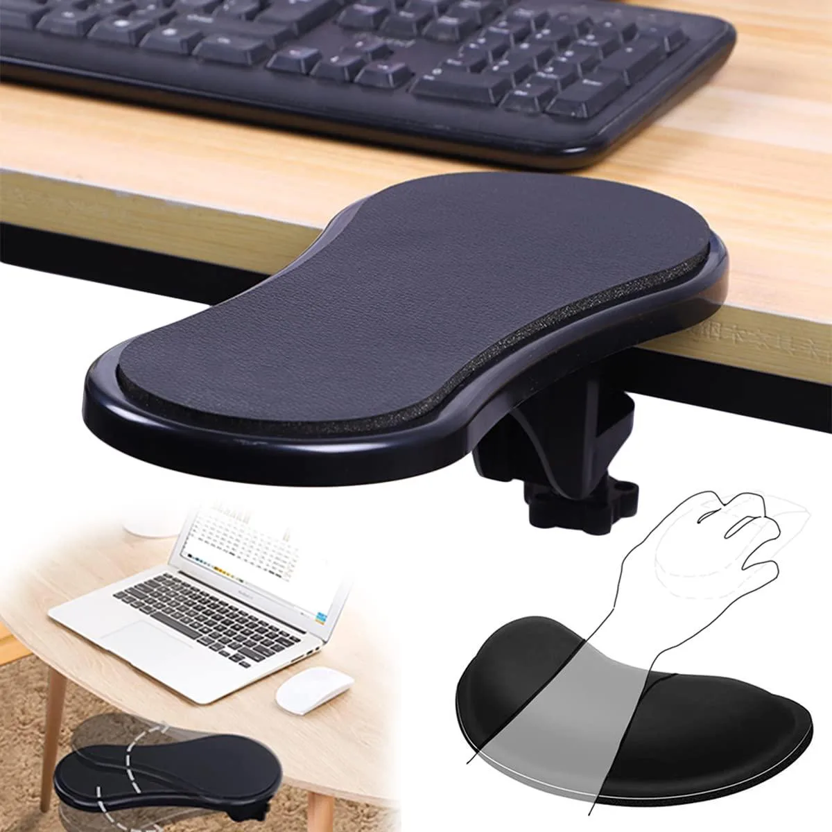  BieFuDan Wrist Rest BFDUS-0058 Keyboard Mouse Memory Foam Fabric Black 180° Adjustable Arm Rest — product photo
