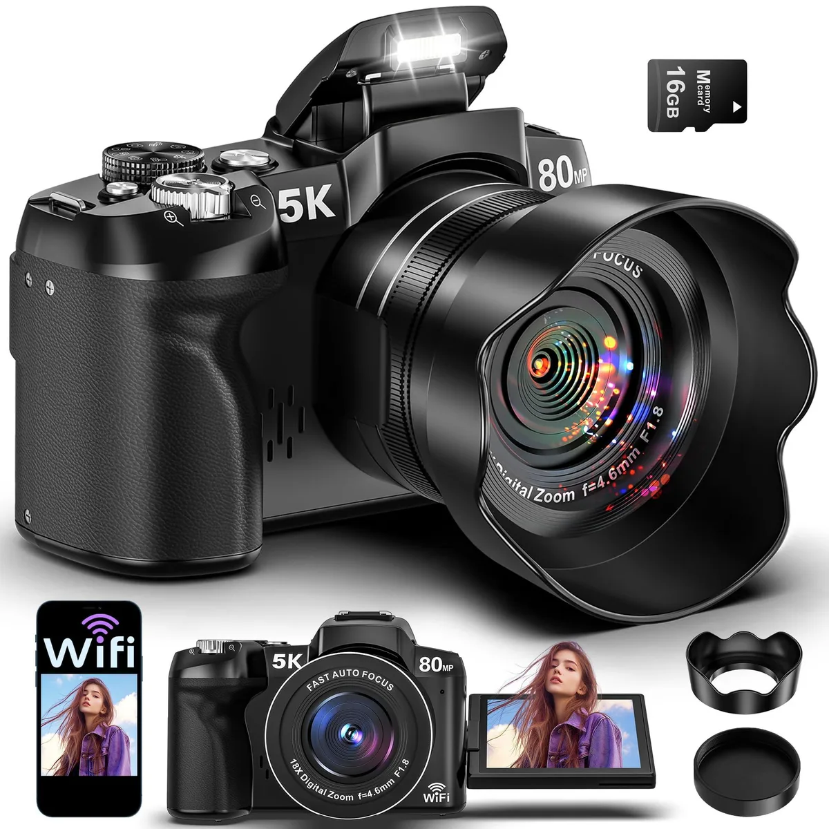  Notoldpine 058NBU01A 80MP 5K DSLR Camera 3" 270° Flip Screen 18X Zoom Black — product photo