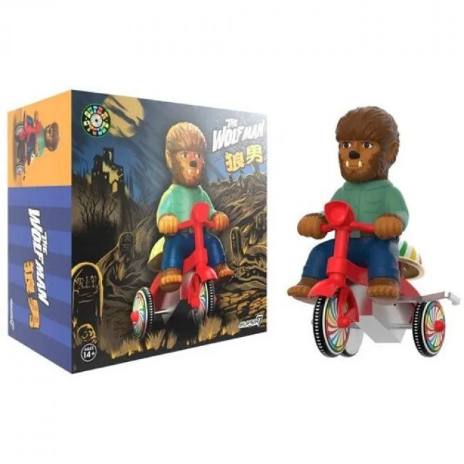 Vinyl Wolf Man figure on red wind-up tricycle with ringing bell, 1941 film inspired