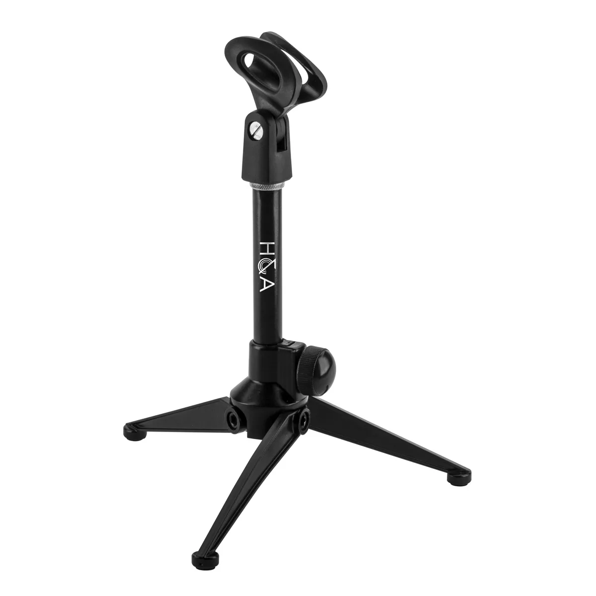Compact black tripod microphone stand with folding legs, knurled height knob and tilting clip