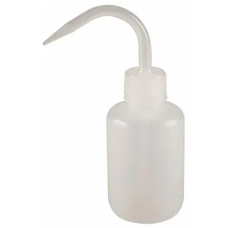 Clear 8 oz plastic wash bottle with standard spout and white body