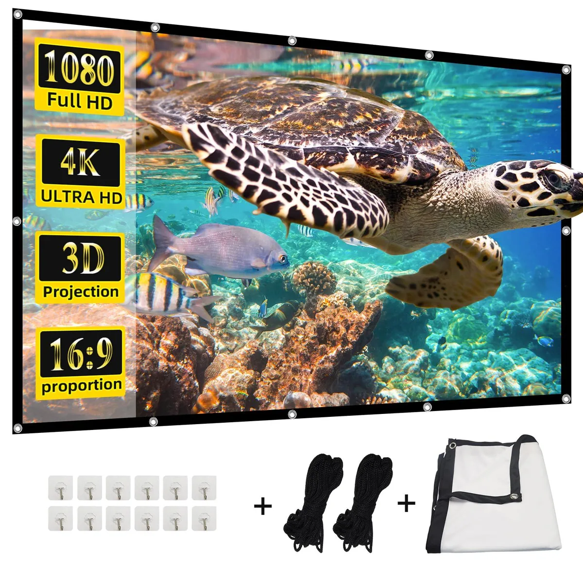 White 120-inch polyester projector screen, foldable, lightweight at 0.54 kg, 104 by 59 inches, 0.01 inch thick