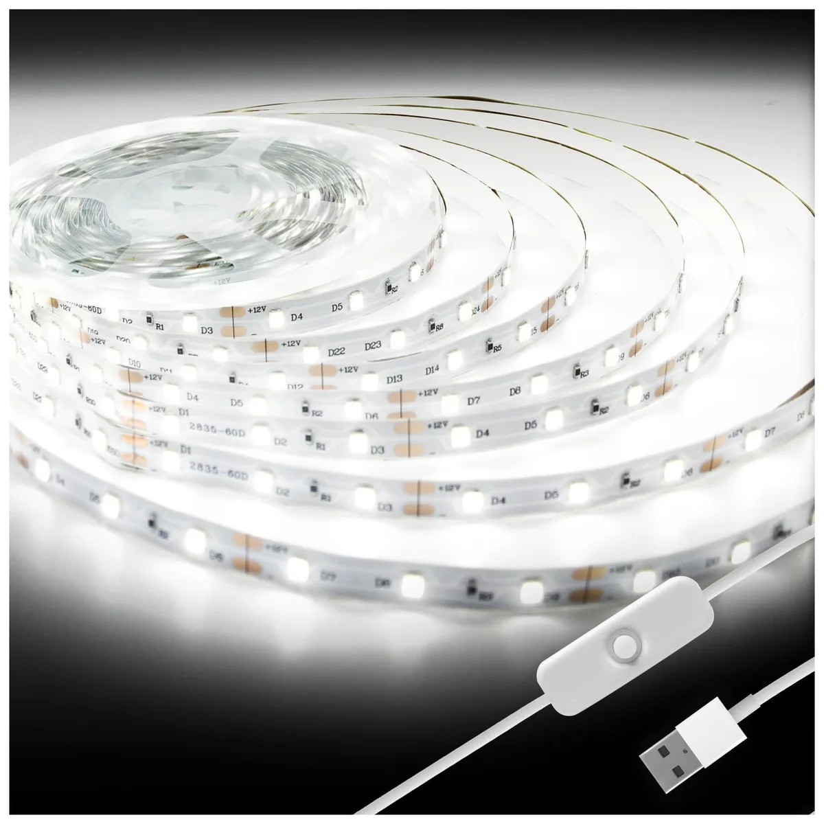 White LED strip light on a flexible circuit board with USB connector and adhesive backing
