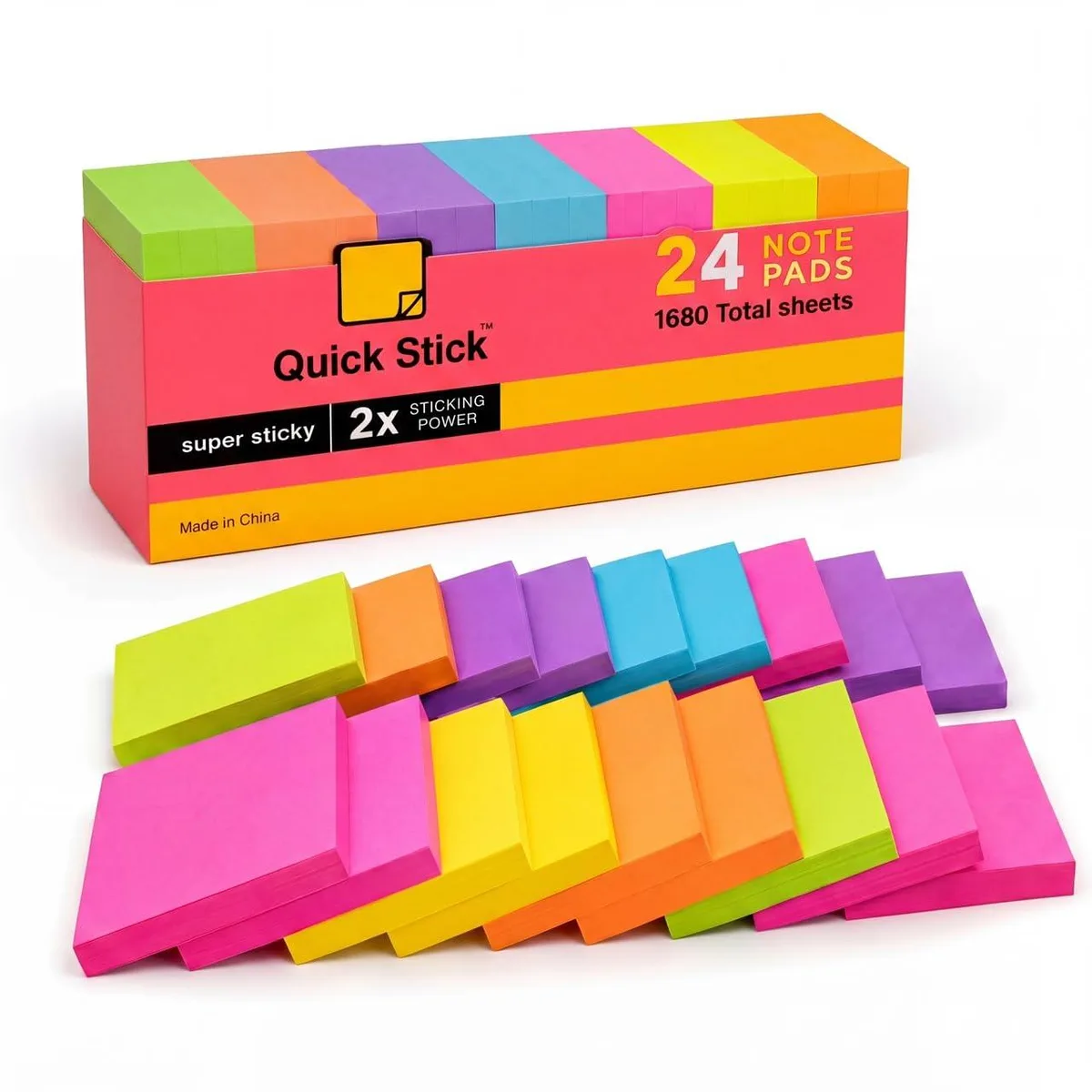 A rectangular box holding 24 square neon sticky-note pads, 3 by 3 inches each