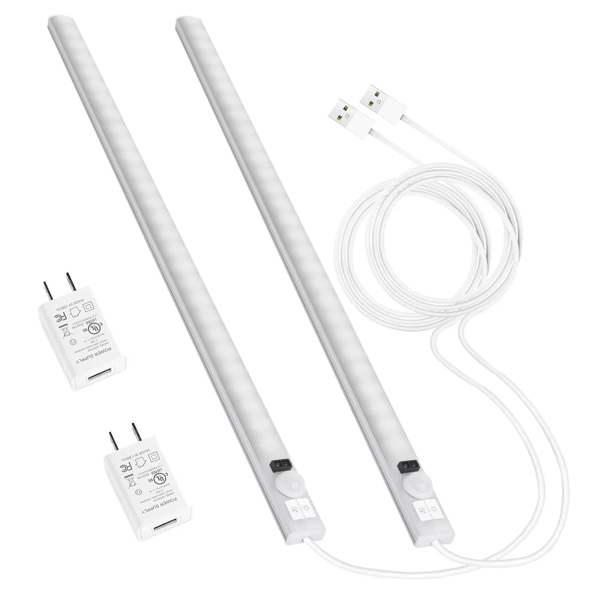 Two white 15.7-inch aluminum LED bars with plastic covers, USB plug-in, motion sensor, remote control