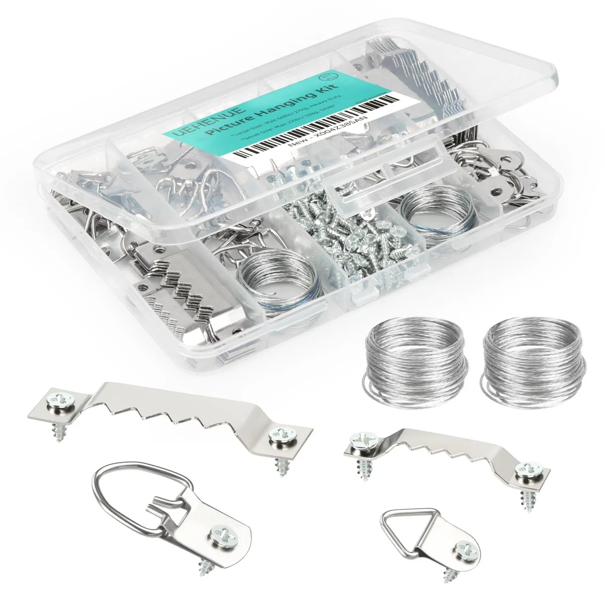 A plastic storage box holding metal sawtooth hangers, D rings, screws and wire