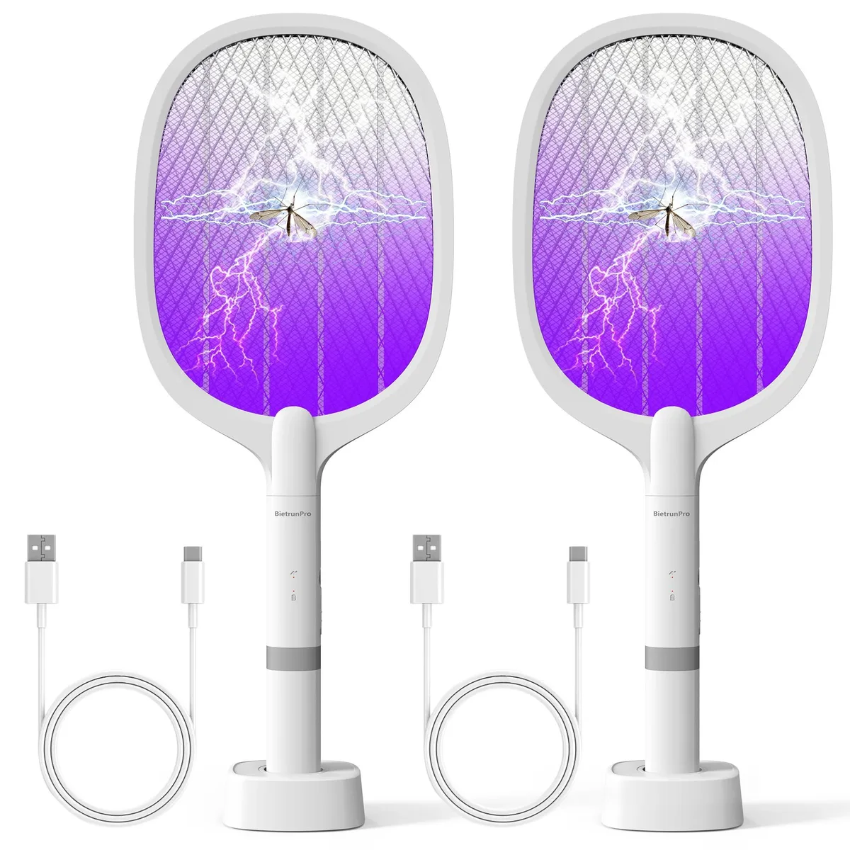  Electric Fly Swatter Rechargeable 2 Pack 2 in 1 Bug Zapper Racket USB-C Charging Stand — product photo