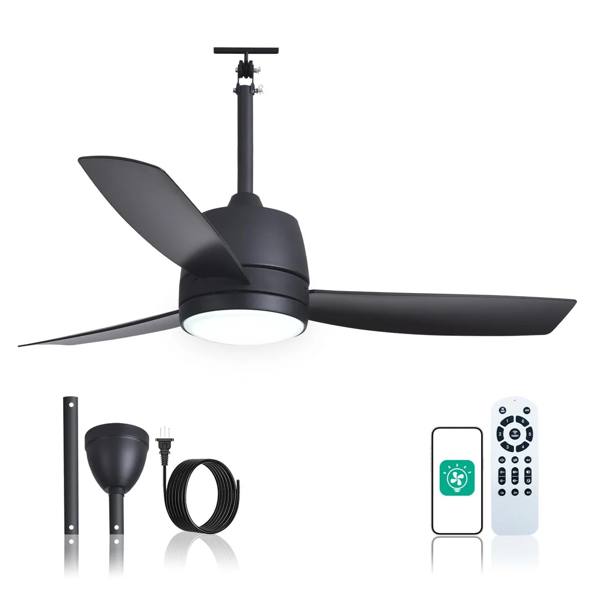 Silver-finish outdoor ceiling fan with five silver blades and integrated light kit